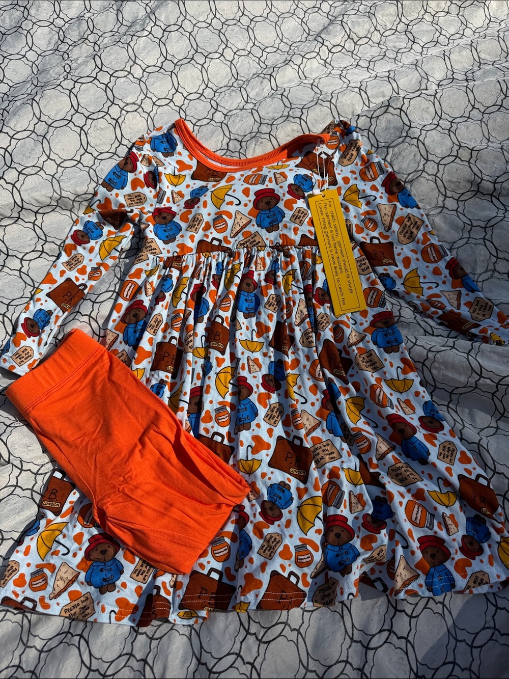 Paddington Bear Print Dress with Orange Leggings